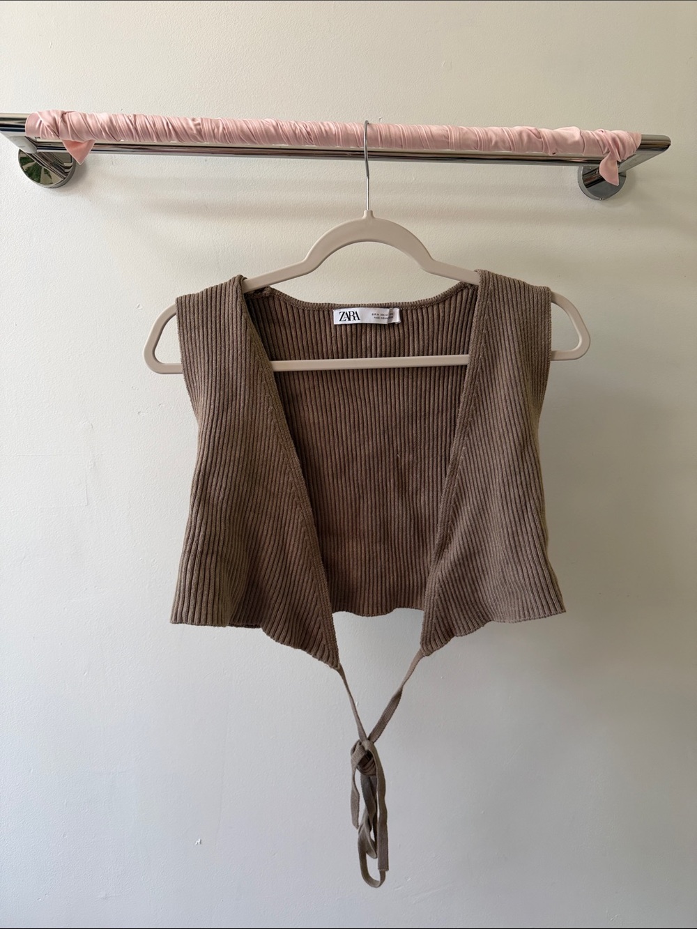 ZARA Ribbed Tie-Front Crop Vest - Taupe Brown